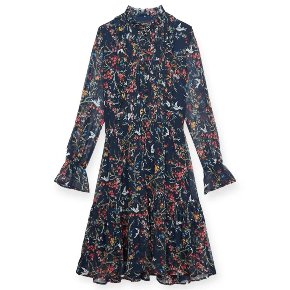 The Kooples Navy Blue Bird Print Silk Chiffon Dress Size Medium Ruffle Mini - Picture 15 of 16